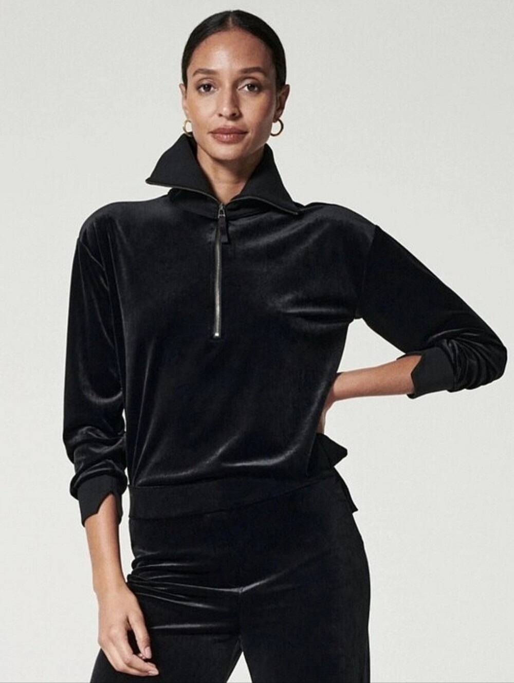Spanx "Velvet Half Zip Pullover" Mock Neck Sweatshirt Very Black, Women's Size M